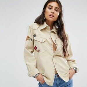 Free people size S western Embroidered Beige corduroy snap button Shirt
